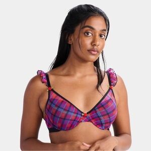 Parade Women's Plaid Silky Mesh Flutter Stap Bra Magenta/Blue Size Large NWT